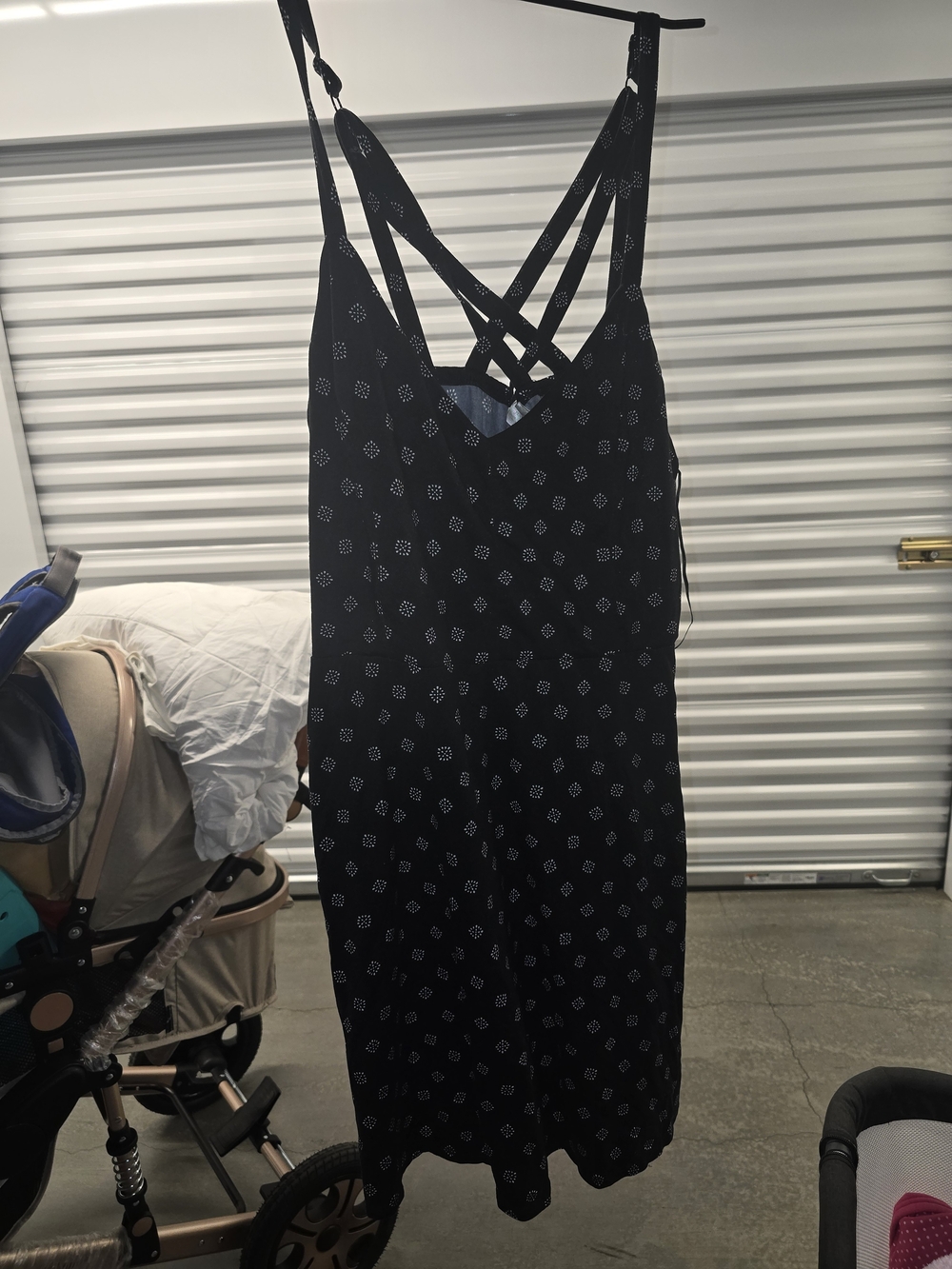 nine britton Black Strappy Midi Dress with White Geometric Print